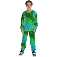 3d Leaves Texture Sheet Blue Green Kids  Sweatshirt Set