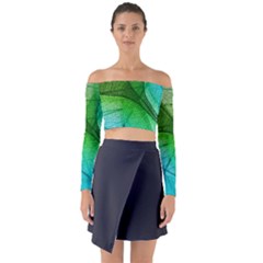 3d Leaves Texture Sheet Blue Green Long Sleeve Off Shoulder Crop Top