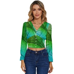 3d Leaves Texture Sheet Blue Green Long Sleeve V-neck Top