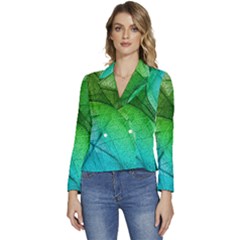 3d Leaves Texture Sheet Blue Green Women s Long Sleeve Revers Collar Cropped Jacket