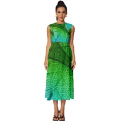 3d Leaves Texture Sheet Blue Green Sleeveless Round Neck Midi Dress by Cemarart