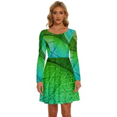 3d Leaves Texture Sheet Blue Green Long Sleeve Wide Neck Velvet Dress