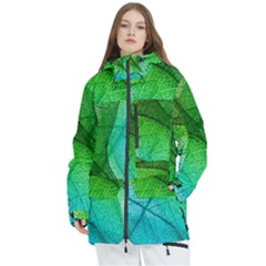 3d Leaves Texture Sheet Blue Green Women s Multi Pockets Zip Ski And Snowboard Waterproof Breathable Jacket