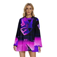 Counting Coup Ultraviolet Round Neck Long Sleeve Bohemian Style Chiffon Mini Dress by MRNStudios