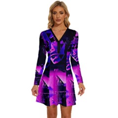 Counting Coup Ultraviolet Long Sleeve Deep V Mini Dress 