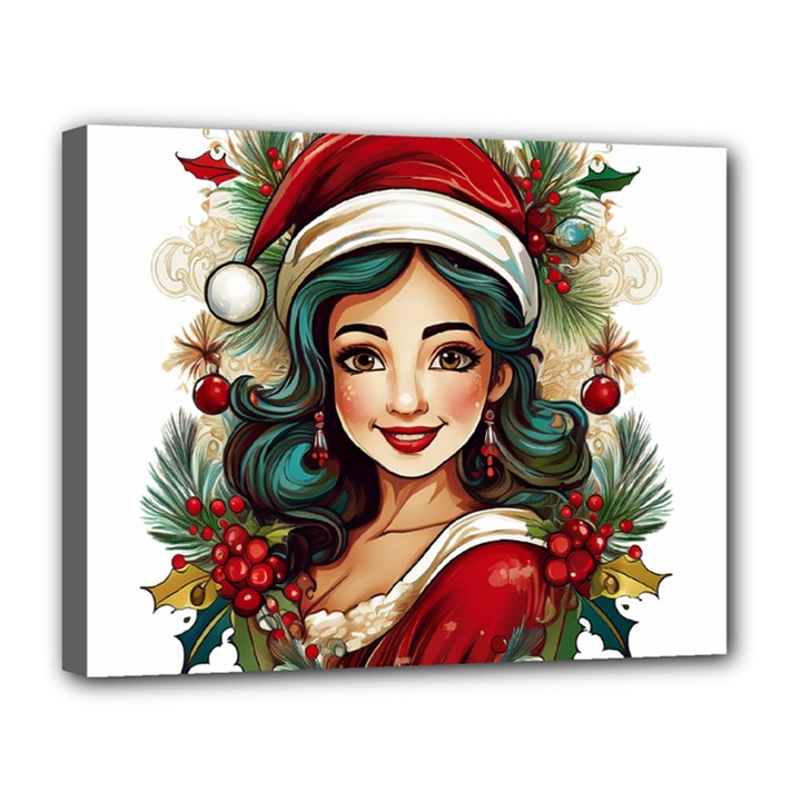 Young Woman With Santa Claus Clothes Isolated Illustration Wb Canvas 14  x 11  (Stretched)