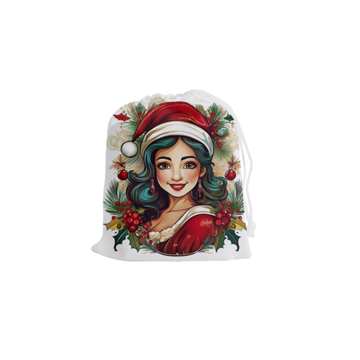 Young Woman With Santa Claus Clothes Isolated Illustration Wb Drawstring Pouch (Small)