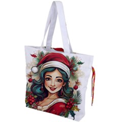 Young Woman With Santa Claus Clothes Isolated Illustration Wb Drawstring Tote Bag