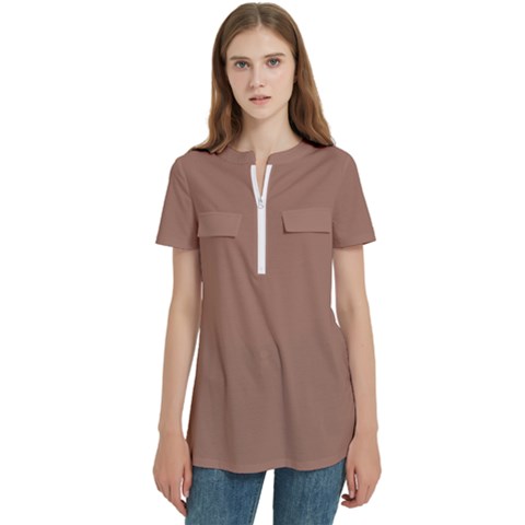 Mocha Mousse Hex Code #a47864 Women s Zip Front V-neck Short Sleeve Casual Top Pocket Shirt by dressshop