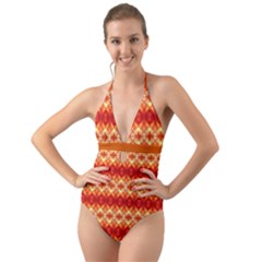 Orange Flower Diamond Design Halter Cut-out One Piece Swimsuit