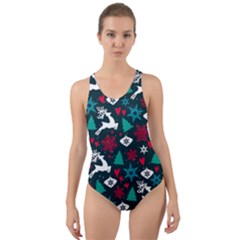 Holiday Season Pattern December Happy Holidays Merry Christmas Winter Family Festive New Year Cut-out Back One Piece Swimsuit