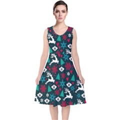 Holiday Season Pattern December Happy Holidays Merry Christmas Winter Family Festive New Year V-neck Midi Sleeveless Dress 