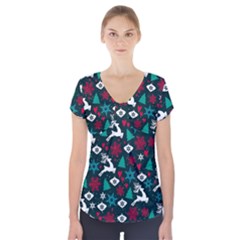 Holiday Season Pattern December Happy Holidays Merry Christmas Winter Family Festive New Year Short Sleeve Front Detail Top