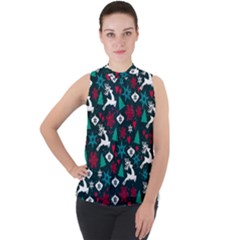 Holiday Season Pattern December Happy Holidays Merry Christmas Winter Family Festive New Year Mock Neck Chiffon Sleeveless Top