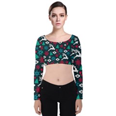 Holiday Season Pattern December Happy Holidays Merry Christmas Winter Family Festive New Year Velvet Long Sleeve Crop Top