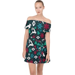 Holiday Season Pattern December Happy Holidays Merry Christmas Winter Family Festive New Year Off Shoulder Chiffon Dress