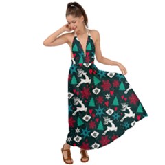 Holiday Season Pattern December Happy Holidays Merry Christmas Winter Family Festive New Year Backless Maxi Beach Dress