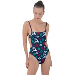 Holiday Season Pattern December Happy Holidays Merry Christmas Winter Family Festive New Year Tie Strap One Piece Swimsuit