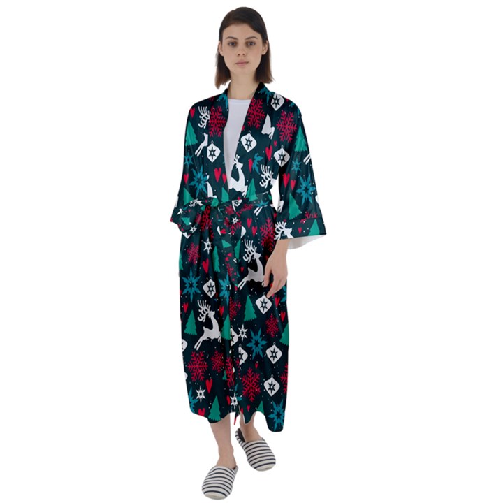 Holiday Season Pattern December Happy Holidays Merry Christmas Winter Family Festive New Year Maxi Satin Kimono