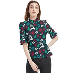 Holiday Season Pattern December Happy Holidays Merry Christmas Winter Family Festive New Year Frill Neck Blouse