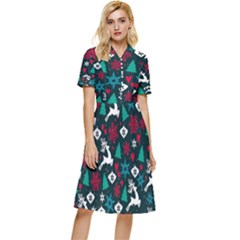 Holiday Season Pattern December Happy Holidays Merry Christmas Winter Family Festive New Year Button Top Knee Length Dress