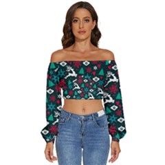 Holiday Season Pattern December Happy Holidays Merry Christmas Winter Family Festive New Year Long Sleeve Crinkled Weave Crop Top