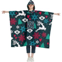 Holiday Season Pattern December Happy Holidays Merry Christmas Winter Family Festive New Year Women s Hooded Rain Ponchos