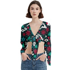 Holiday Season Pattern December Happy Holidays Merry Christmas Winter Family Festive New Year Trumpet Sleeve Cropped Top