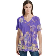 Flower Petal Bouquet Stem Floral Pattern V-neck Split Shoulder Casual T-shirt