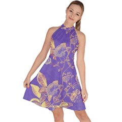 Flower Petal Bouquet Stem Floral Pattern Sleeveless Halter Neck A-line Dress