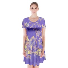 Flower Petal Bouquet Stem Floral Pattern Short Sleeve V-neck Flare Dress