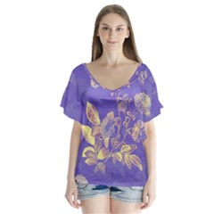 Flower Petal Bouquet Stem Floral Pattern V-neck Flutter Sleeve Top