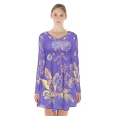 Flower Petal Bouquet Stem Floral Pattern Long Sleeve Velvet V-neck Dress