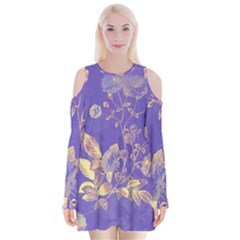 Flower Petal Bouquet Stem Floral Pattern Velvet Long Sleeve Shoulder Cutout Dress by Maspions