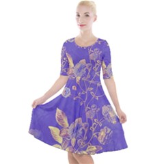 Flower Petal Bouquet Stem Floral Pattern Quarter Sleeve A-line Dress With Pockets