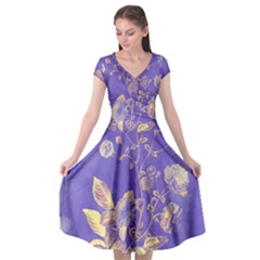 Flower Petal Bouquet Stem Floral Pattern Cap Sleeve Wrap Front Dress