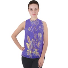 Flower Petal Bouquet Stem Floral Pattern Mock Neck Chiffon Sleeveless Top