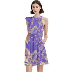 Flower Petal Bouquet Stem Floral Pattern Cocktail Party Halter Sleeveless Dress With Pockets