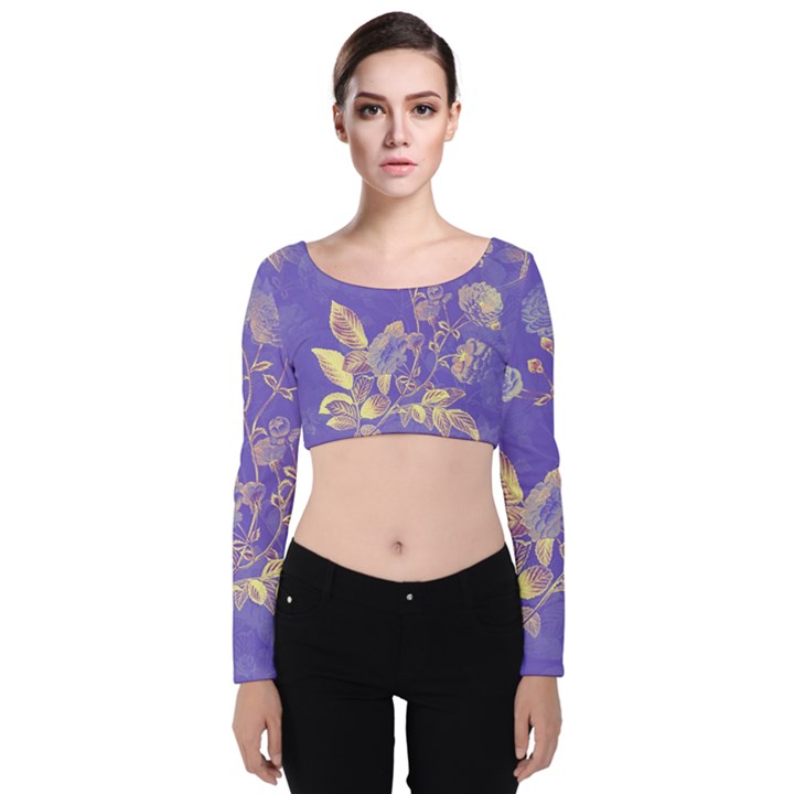 Flower Petal Bouquet Stem Floral Pattern Velvet Long Sleeve Crop Top