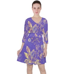 Flower Petal Bouquet Stem Floral Pattern Quarter Sleeve Ruffle Waist Dress