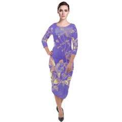 Flower Petal Bouquet Stem Floral Pattern Quarter Sleeve Midi Velour Bodycon Dress