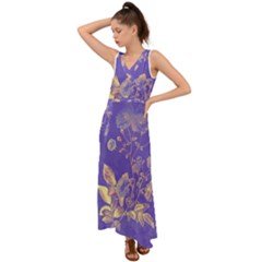 Flower Petal Bouquet Stem Floral Pattern V-neck Chiffon Maxi Dress