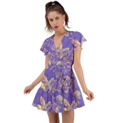 Flower Petal Bouquet Stem Floral Pattern Flutter Sleeve Wrap Dress