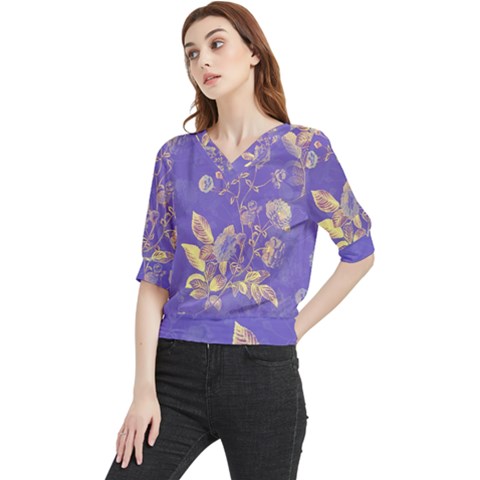 Flower Petal Bouquet Stem Floral Pattern Quarter Sleeve Blouse by Maspions