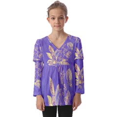 Flower Petal Bouquet Stem Floral Pattern Kids  V Neck Casual Top