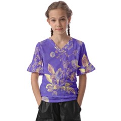 Flower Petal Bouquet Stem Floral Pattern Kids  V-neck Horn Sleeve Blouse