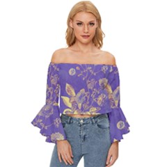 Flower Petal Bouquet Stem Floral Pattern Off Shoulder Flutter Bell Sleeve Top