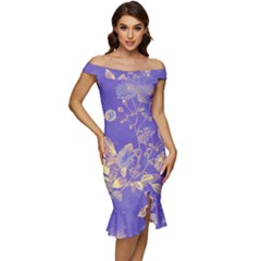 Flower Petal Bouquet Stem Floral Pattern Off Shoulder Ruffle Split Hem Bodycon Dress