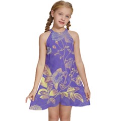 Flower Petal Bouquet Stem Floral Pattern Kids  Halter Collar Waist Tie Chiffon Dress