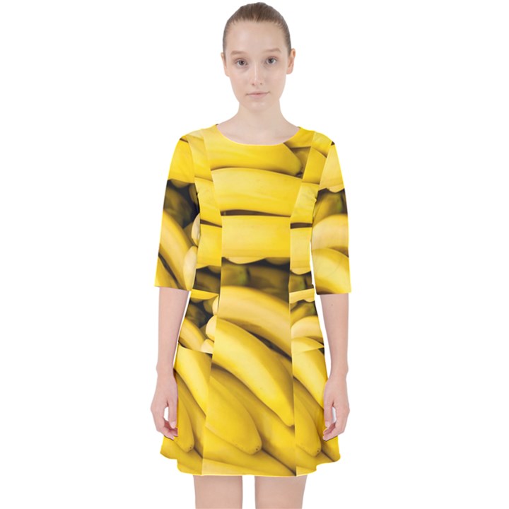 Bananas, Macro, Fruits, Ripe Bananas Quarter Sleeve Pocket Dress